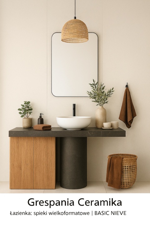 Łazienka w płytach Grespania Basic Nieve, elegancki spiek w neutralnym świetle, dodatki w ciepłych odcieniach brązu