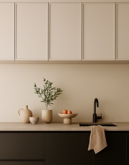 Kuchnia z blatami ze spieku i ciemnymi szafkami, eleganckie dodatki i roślina w neutralnym świetle