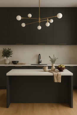 Wnętrze z blatami w spieku Grespania Bianco Supreme i kontrastującymi ciemnymi meblami, elegancka aranżacja