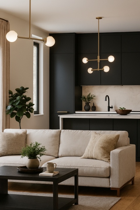 Salon otwarty na kuchnię z blatami w spieku Bianco Supreme, ciemnymi szafkami i złotymi akcentami