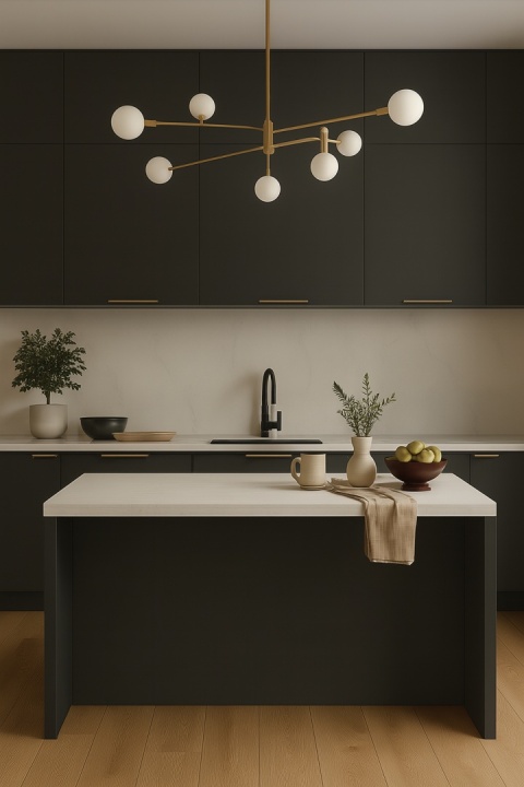 Wnętrze z blatami w spieku Grespania Bianco Supreme i kontrastującymi ciemnymi meblami, elegancka aranżacja