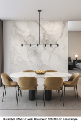 Jadalnia z widokiem na salon, płyta CAMOUFLAGE Bookmatch w neutralnym świetle