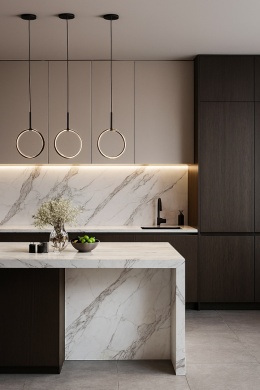 Kuchnia – wyspa i blaty robocze w Calacatta, kontrastujące z ciemnymi lub drewnianymi frontami, z delikatnym podświetleniem LED