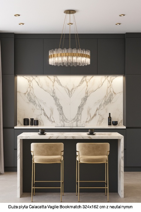 Glamour kuchnia z wyspą Calacatta Vaglie Bookmatch 324×162 cm, w neutralnym świetle