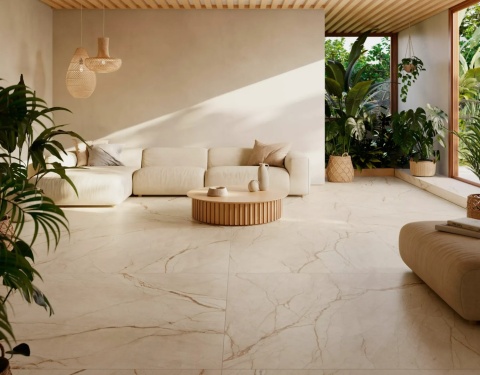 Salon w jasnych barwach z podłogą z Canela Roma Natural w ciepłym, marmurowym odcieniu.