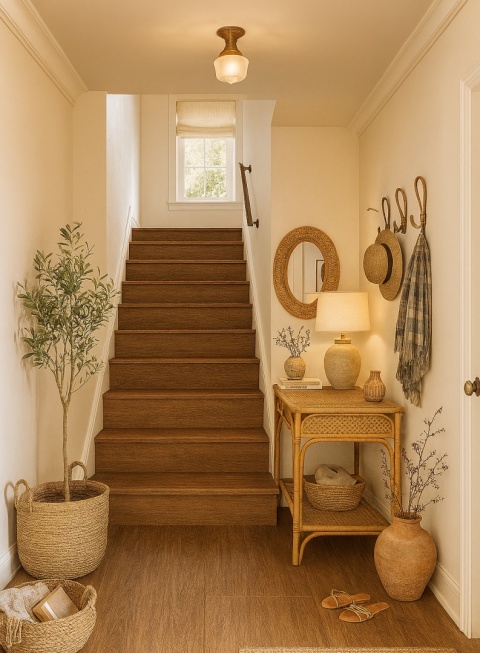 Schody ze spieku IRATI NOGAL NATURAL 320×160 cm, styl boho, widok na wprost, dodatki