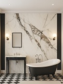 Retro łazienka, płyty ICEBERG, kąpielowa wanna, marmurowa umywalka, klasyczna biało-czarna podłoga