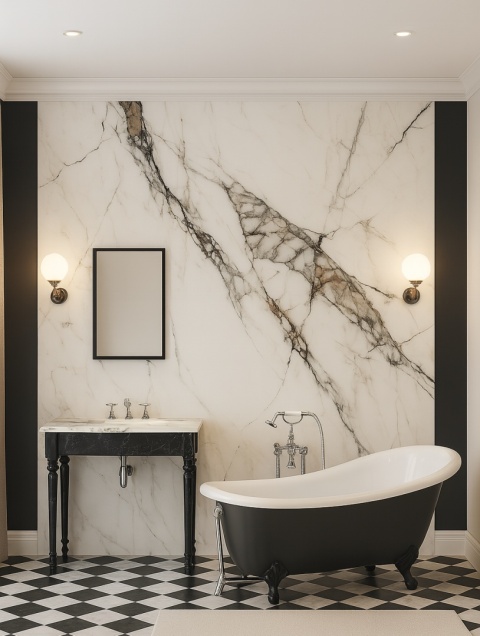 Retro łazienka, płyty ICEBERG, kąpielowa wanna, marmurowa umywalka, klasyczna biało-czarna podłoga