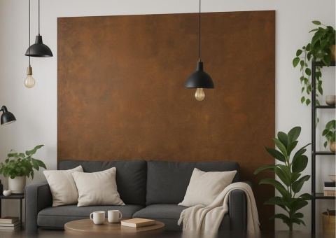 okładzina ścienna w salonie wykonana z rdzawego spieku Lava CORTEN