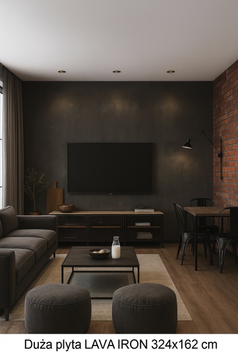 Duże pomieszczenie industrialne, ściana ze spieku Lava Iron 324×162 cm, neutralne światło, cegła i metal