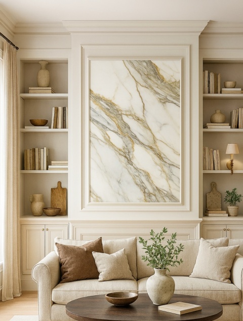 Klasyczny salon ze spiekiem MACCHIA VECCHIA 320×160 cm, sztukateria, neutralne światło, eleganckie dodatki