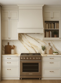 Klasyczna kuchnia ze spiekiem MACCHIA VECCHIA 320×160 cm, neutralne światło, eleganckie fronty i dodatki
