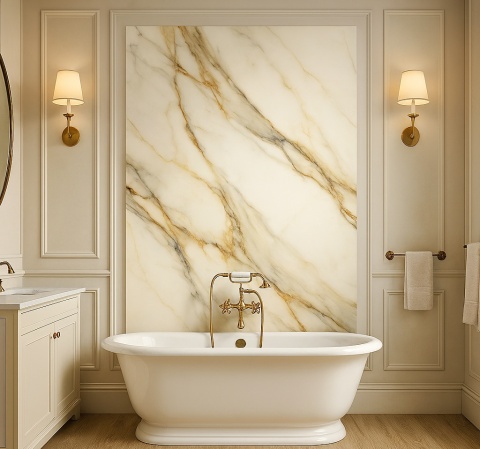 Klasyczna łazienka ze spiekiem MACCHIA VECCHIA 320×160 cm, wanna, sztukateria, neutralne światło