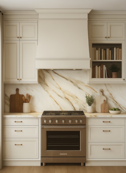 Klasyczna kuchnia ze spiekiem MACCHIA VECCHIA 320×160 cm, neutralne światło, eleganckie fronty i dodatki