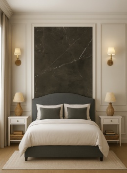 Sypialnia Hampton, ściana ze spiekiem Paladio Marron, neutralne światło, elegancka klasyka