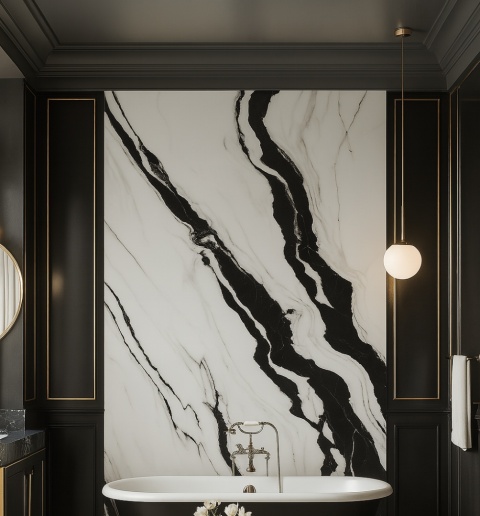 Łazienka art déco ze spiekiem Panda Grespanii, czarna wanna, złote detale, neutralne światło