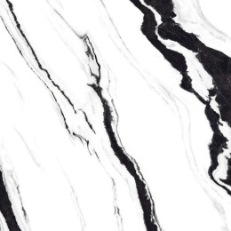 Zbliżenie powierzchni Grespania Panda – kontrast czerni i bieli w połyskującym wykończeniu.