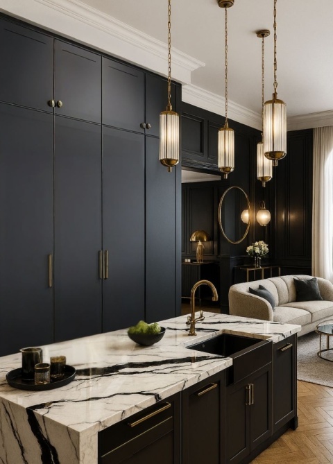 Kuchnia z widokiem na salon w stylu art déco, spiek Panda Grespanii, złote dodatki, neutralne światło
