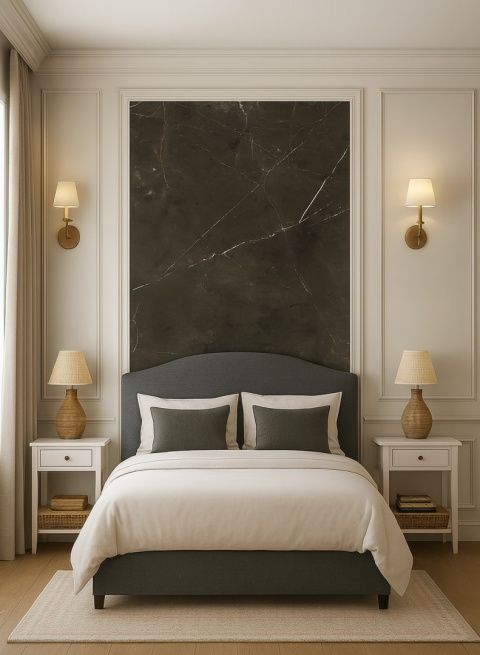 Sypialnia Hampton, ściana ze spiekiem Paladio Marron, neutralne światło, elegancka klasyka