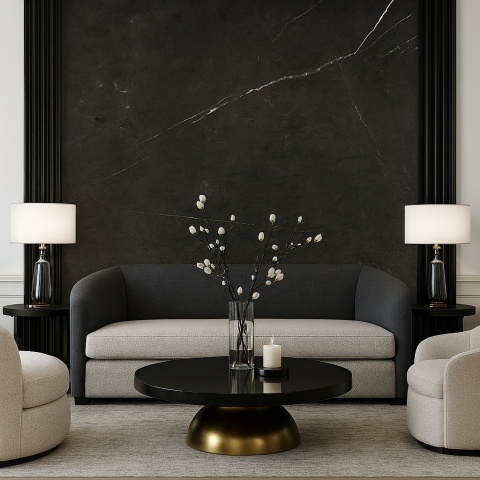 Salon art déco ze spiekiem Paladio Marron, neutralne światło, złote akcenty, elegancka kompozycja