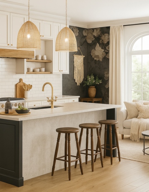 Kuchnia eklektyczna z wyspą ze spieku Surface Silver 320×160 cm, rattanowe lampy, złote dodatki, jasne drewno