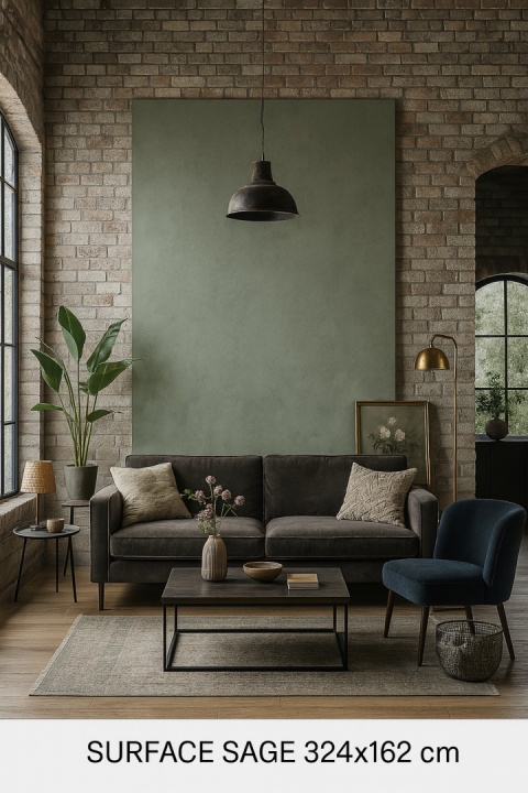 Loftowe wnętrze ze spiekiem Surface Sage 324×162 cm, cegła, metal, welur, industrialna lampa, chłodna kolorystyka