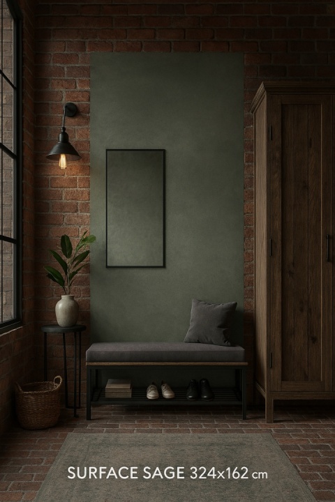 Loftowy przedpokój ze spiekiem Surface Sage 324×162 cm, cegła, drewno, metal, industrialne oświetlenie, chłodna kolorystyka