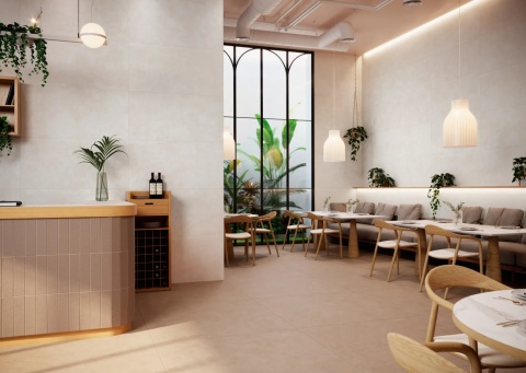 Nowoczesne wnętrze z podłogą z ciepłego spieku Surface Siena Natural