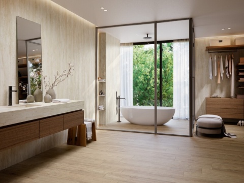 Nowoczesna łazienka z okładzinami ściennymi i blatem z Travertino Ivory Natural w ciepłym beżowym odcieniu