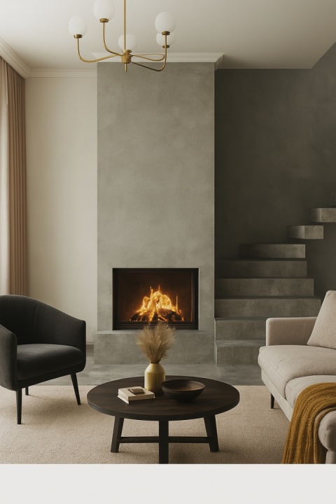 Pomieszczenie relaksacyjne ze spiekiem Titan Cemento, kominek, schody, jasna sofa, ciepłe światło