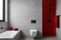 Łazienka ze spiekiem Titan Cemento 320×160 cm, czerwona strefa prysznica i dodatki, neutralne białe światło