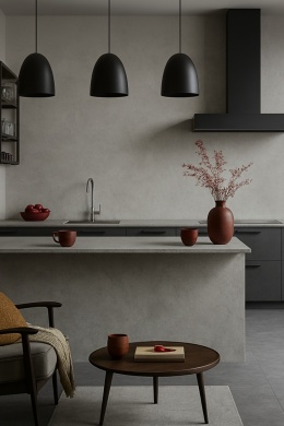 Zbliżenie faktury spieku kwarcowego Titan Cemento Natural z subtelnymi przetarciami i matowym wykończeniem