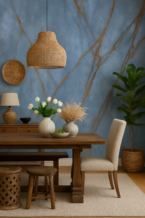 jadalnia w stylu boho, dopasowana do kolorystyki i wzoru przesłanych próbek spieku FLORIM Stone Marble HERITAGE Azure