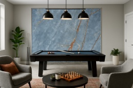 wizualizacja pokoju gier w stylu eklektycznym, z efektowną ścianą ze spieku FLORIM Stone Marble HERITAGE Azure