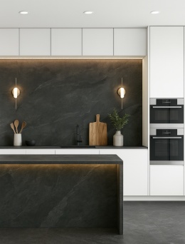 Kuchnia ze spiekiem Annapurna Negro na blacie i podłodze, białe fronty, neutralne światło, styl nowoczesny