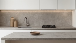 Kuchnia ze spiekiem ARLES GRIS na blacie i ścianie, białe fronty, neutralne światło, styl nowoczesny