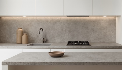 Kuchnia ze spiekiem ARLES GRIS na blacie i ścianie, białe fronty, neutralne światło, styl nowoczesny