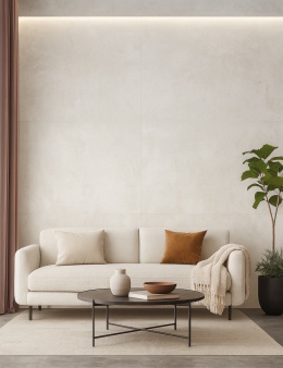 Ściany salonu wyłożone spiekiem Grespania Arles Blanco