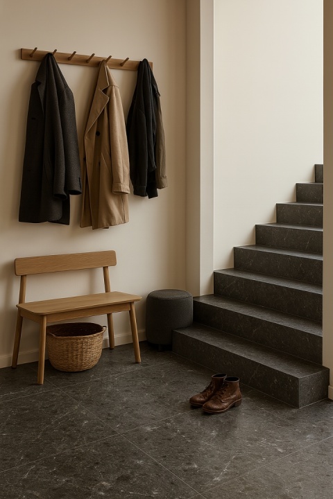 Przedpokój z posadzką i schodami z płyty Grespania Artic Antracita, dodatki codziennego użytku w neutralnym świetle