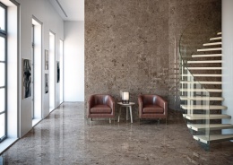 Grespania Artic Moka Pulido – spiek kwarcowy w odcieniach brązu inspirowany marmurem Emperador.