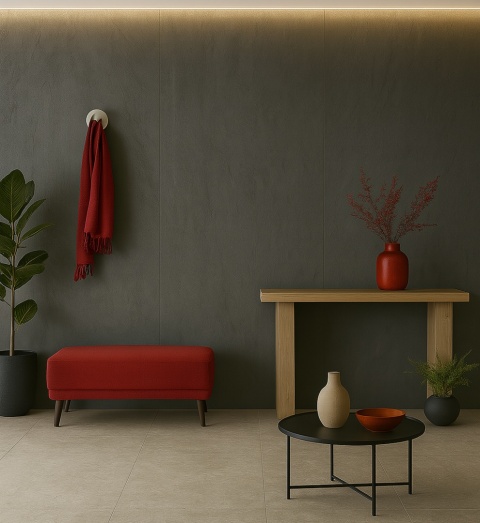 Hol ze spiekiem Basaltina Antracita Natural 120×360 cm, czerwone dodatki, drewno, LED, styl nowoczesny i elegancki