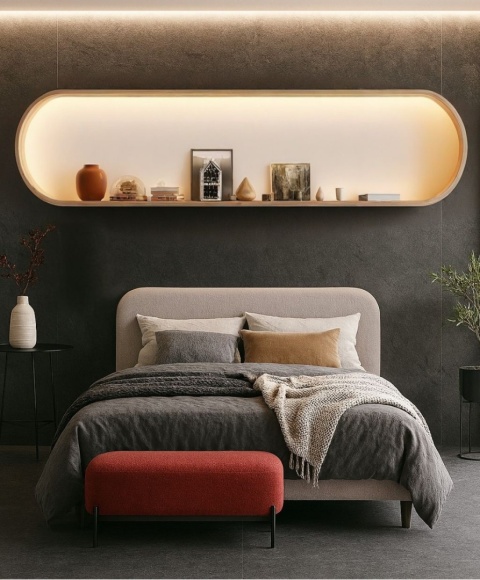 Sypialnia ze spiekiem Basaltina Antracita Natural , neutralne światło, miękkie tekstylia, styl nowoczesny