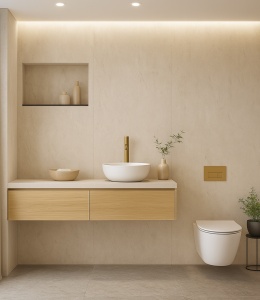 Łazienka ze spiekiem Basaltina Beige Natural, jasne drewno, biała ceramika, styl nowoczesny i elegancki