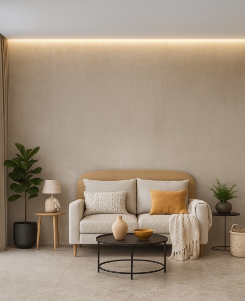 Wnętrze ze spiekiem BASALTINA BEIGE , jasna sofa, beżowe dodatki, rośliny, styl nowoczesny i przytulny