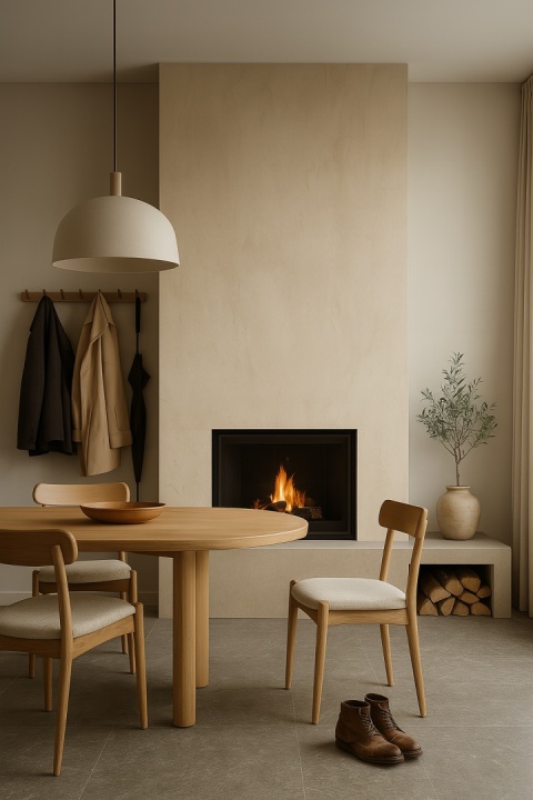 Jadalnia z kominkiem wykończonym płytą Grespania Basaltina Beige, ciepła elegancja w neutralnym świetle