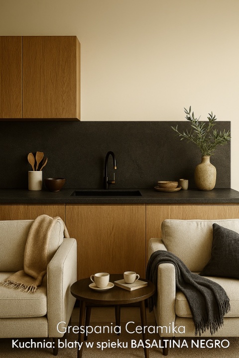 Kuchnia z blatami ze spieku Grespania Basaltina Negro, elegancka ciemna powierzchnia w neutralnym świetle