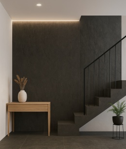 Hol ze schodami i podłogą ze spieku Basaltina Negro Natural , jasne ściany, drewno, styl nowoczesny