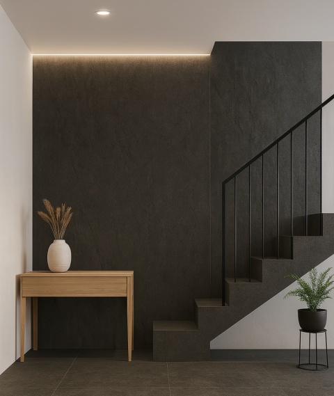 Hol ze schodami i podłogą ze spieku Basaltina Negro Natural , jasne ściany, drewno, styl nowoczesny