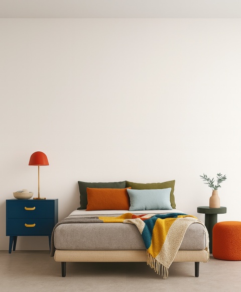 Sypialnia ze spiekiem Basic Nieve , kolorowe dodatki, kobaltowa szafka, czerwona lampa, styl nowoczesny