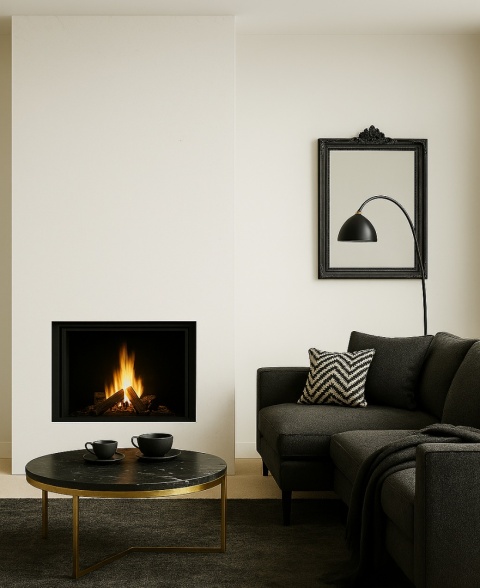 Salon glamour z kominkiem w płycie Grespania Basic Nieve, narożnik, stolik kawowy z filiżankami, elegancki wystrój